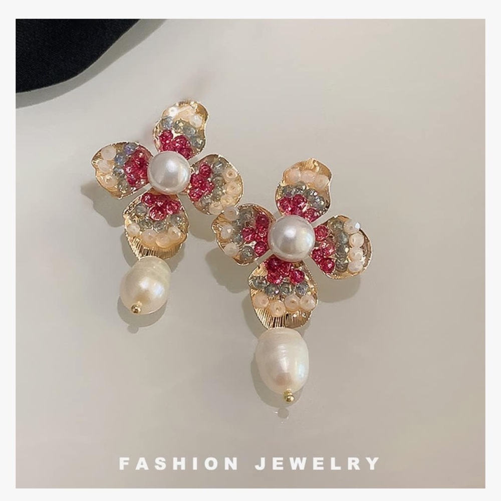 Earrings - gold tone, floral design, post style, simulated pearl dangles…